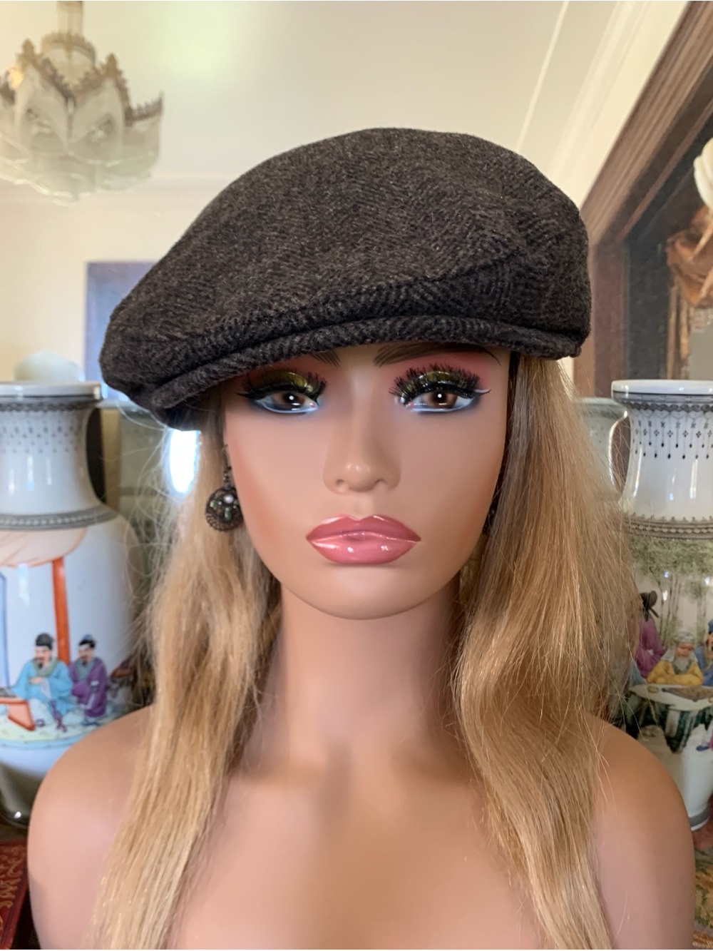 Vintage German Wool Tweed Newsboy Cap Hat with Ear Flaps